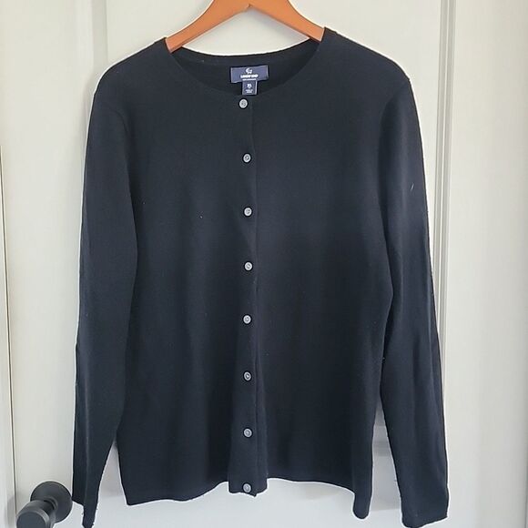 Lands' End 100% Cashmere Button Up Cardigan Sweater Women XL 18 Black Crew Neck - Picture 1 of 7